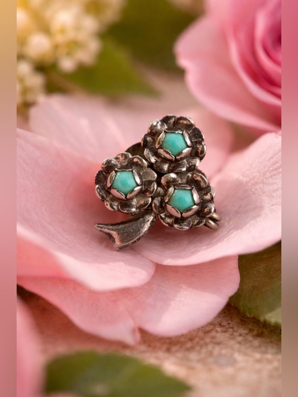 Vintage Mexico Sterling Silver Turquoise Floral Broch Taxco Mid-Century Handmade